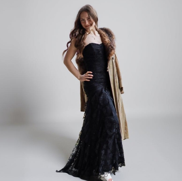 Jessica McClintock 2  Vintage Lace Overlay Mermaid Dress Strapless in Black - Picture 1 of 12